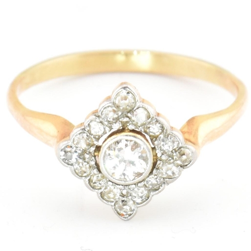 60 - A gold and diamond Art Deco lozenge ring. The Art Deco yellow gold ring having a central bezel set r... 