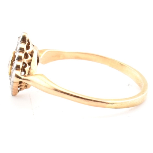 60 - A gold and diamond Art Deco lozenge ring. The Art Deco yellow gold ring having a central bezel set r... 