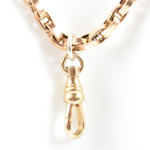 62 - A 9ct gold Albert chain. The 9ct gold Albert chain having cable links and a swivel dog lead clasp to... 