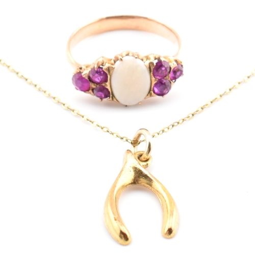 96 - A gold, opal and ruby ring together with a hallmarked 9ct gold pendant necklace AF. The lot to inclu... 