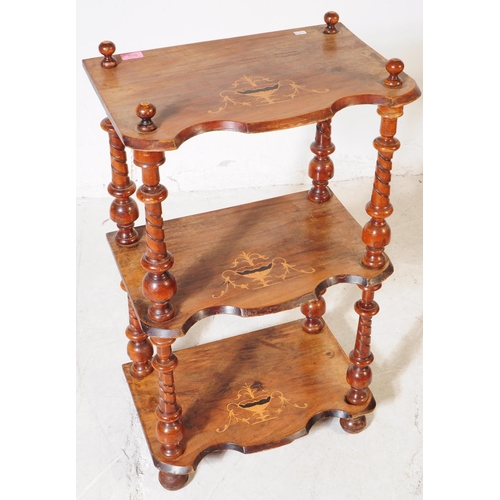 1010 - A 19th century Victorian walnut inlaid whatnot etagere. The etagere having three shelves each with i... 