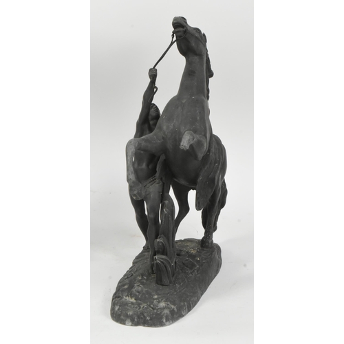 1027 - A pair of 19th century Victorian era spelter marley horse figures. The horses being modelled rearing... 