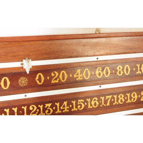 1032 - An early 20th century wall hanging wooden snooker scoreboard having gilded numbers to body with slid... 