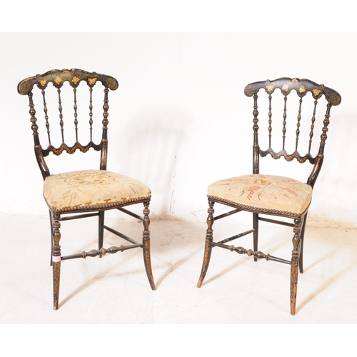 1051 - A pair of 19th century Chinoiserie black lacquer  French Napoleon III bedrooms chairs. The chairs ha... 