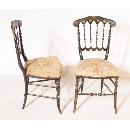 1051 - A pair of 19th century Chinoiserie black lacquer  French Napoleon III bedrooms chairs. The chairs ha... 