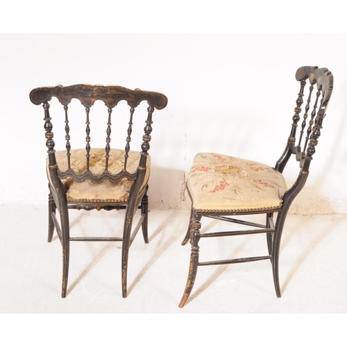 1051 - A pair of 19th century Chinoiserie black lacquer  French Napoleon III bedrooms chairs. The chairs ha... 