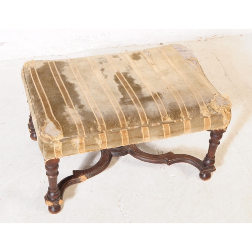 1062 - A 19th century mahogany footstool. The footstool having upholstered in fabric of green hairline stri... 