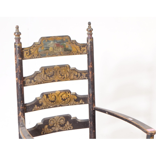 1104 - An 19th century Chinoiseries black lacquered Arts and Crafts carver chair having ladder back with ru... 