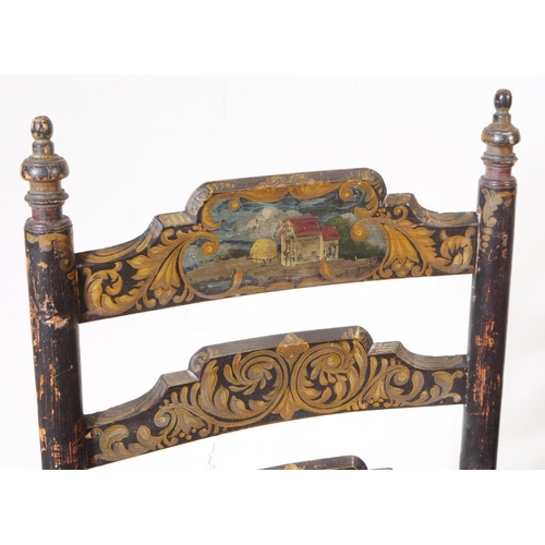 1104 - An 19th century Chinoiseries black lacquered Arts and Crafts carver chair having ladder back with ru... 