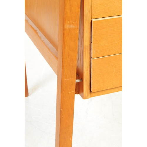 576 - Domino Mobler - Mid-century teak wood desk being raised on squared legs with floating pedestal drawe... 