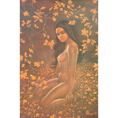 619 - A vintage 20th century print of a nude lady, circa 1970s. In earthly tones with foliate leaves falli... 