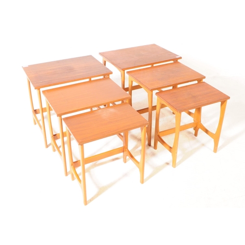 632 - British Modern Design - Two mid century teak nest of tables. Similar style, quadrille type legs with... 