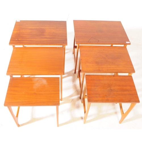 632 - British Modern Design - Two mid century teak nest of tables. Similar style, quadrille type legs with... 