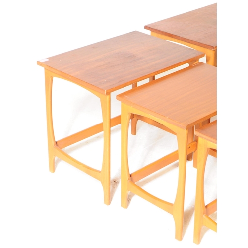 632 - British Modern Design - Two mid century teak nest of tables. Similar style, quadrille type legs with... 