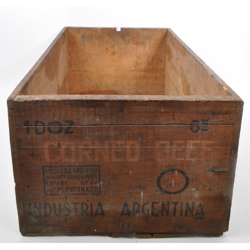 712 - A 20th century Devon Corned Beef Buenos Aires wooden shipping container. The box of rectangular form... 