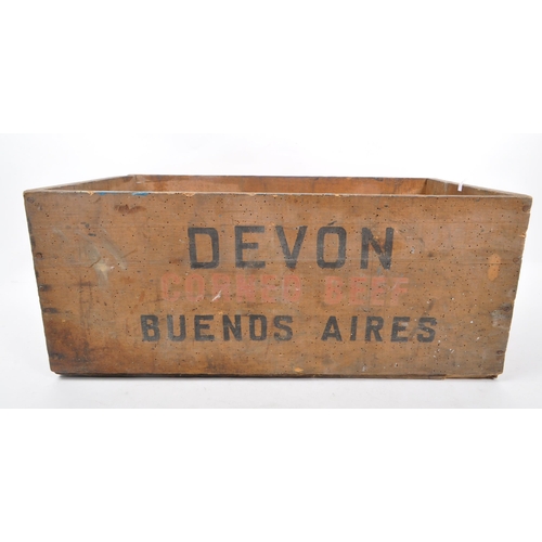 712 - A 20th century Devon Corned Beef Buenos Aires wooden shipping container. The box of rectangular form... 