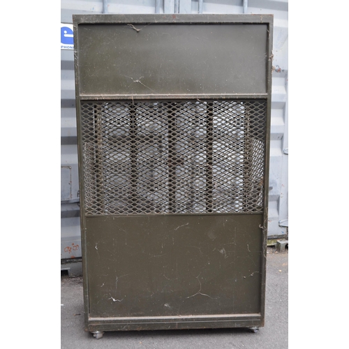 745 - A 20th Century retro industrial metal storage two door locker cage raised on castor wheels. Of recta... 