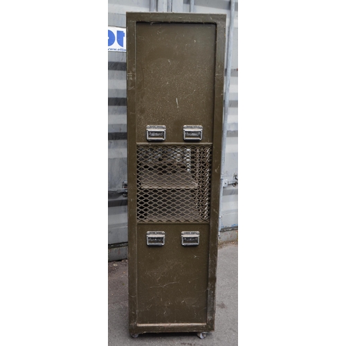 750 - A 20th Century retro industrial metal storage two door locker cage raised on caster wheels. Of recta... 