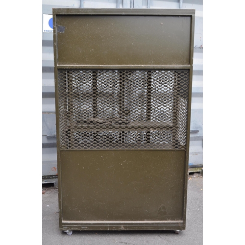 750 - A 20th Century retro industrial metal storage two door locker cage raised on caster wheels. Of recta... 