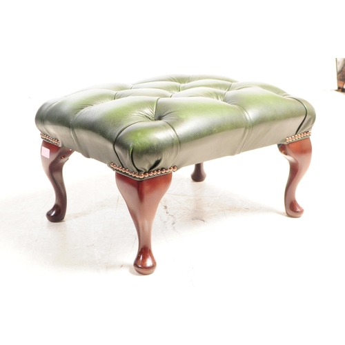 801 - Contemporary pair of green chesterfield wing back lounge Queen Anne armchairs. Having the green butt... 