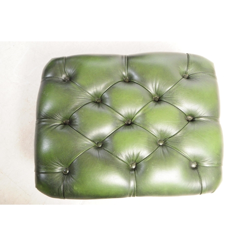 801 - Contemporary pair of green chesterfield wing back lounge Queen Anne armchairs. Having the green butt... 