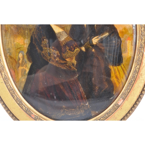 827 - An 19th Century reverse glass painting of oval form with gilt frame, the painting depicting two Vict... 