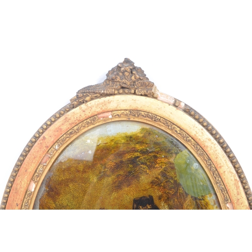 827 - An 19th Century reverse glass painting of oval form with gilt frame, the painting depicting two Vict... 