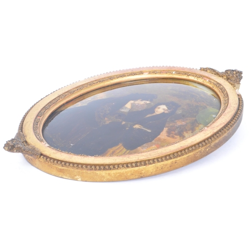 827 - An 19th Century reverse glass painting of oval form with gilt frame, the painting depicting two Vict... 