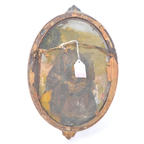 827 - An 19th Century reverse glass painting of oval form with gilt frame, the painting depicting two Vict... 