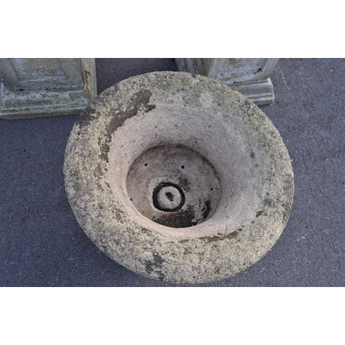 836 - A collection of three outdoor vintage 20th century reconstituted stone composite Campana garden urns... 