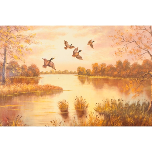 847 - A 20th century oil on canvas painting. The painting depicting an autumn scene over a lake, with duck... 