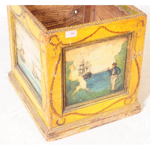 849 - A 19th century painted oak tea / coal box. The box raised on a square plinth base with recessed pane... 