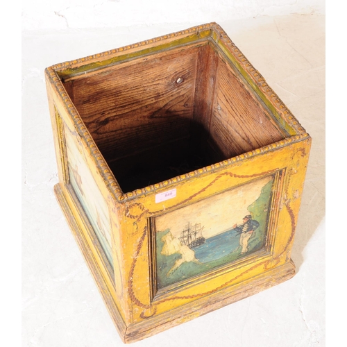 849 - A 19th century painted oak tea / coal box. The box raised on a square plinth base with recessed pane... 