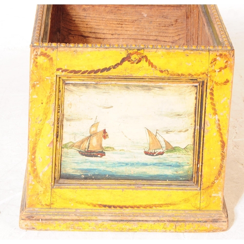 849 - A 19th century painted oak tea / coal box. The box raised on a square plinth base with recessed pane... 