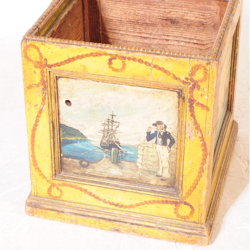 849 - A 19th century painted oak tea / coal box. The box raised on a square plinth base with recessed pane... 