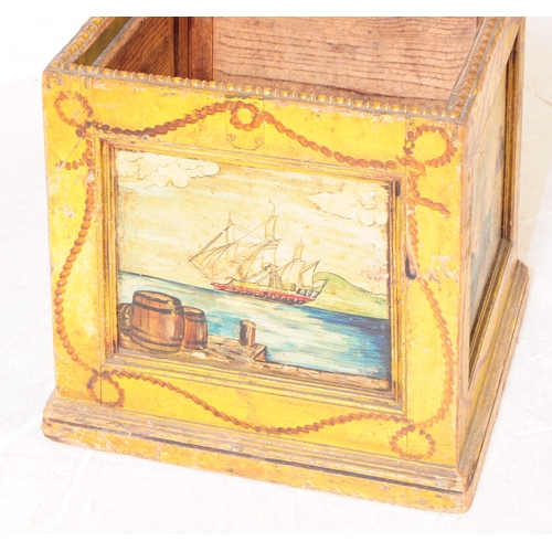 849 - A 19th century painted oak tea / coal box. The box raised on a square plinth base with recessed pane... 