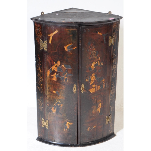 858 - Two 19th century George III chinoiserie wall corner cabinets. Twin curved door with shelved interior... 