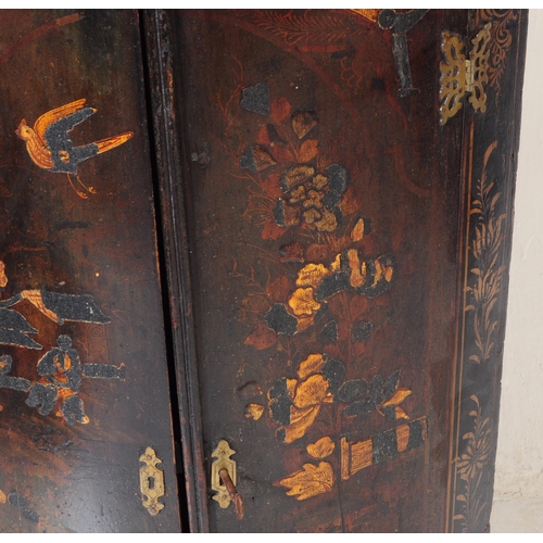 858 - Two 19th century George III chinoiserie wall corner cabinets. Twin curved door with shelved interior... 