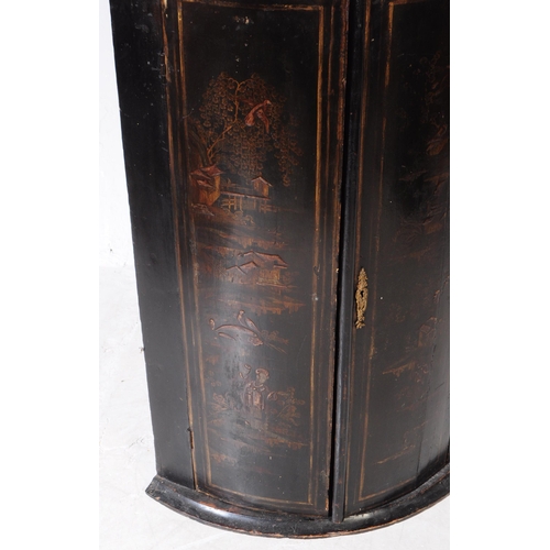 858 - Two 19th century George III chinoiserie wall corner cabinets. Twin curved door with shelved interior... 