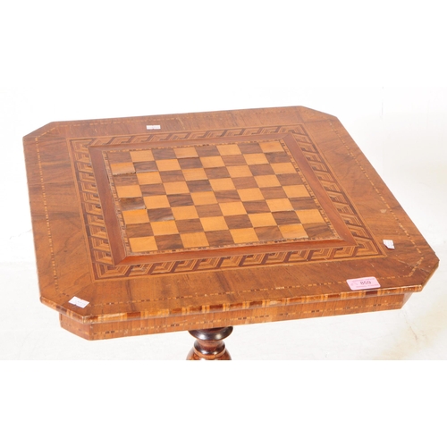 859 - Late 19th century walnut and satinwood Tunbridge tripod games table, square chessboard top with cant... 