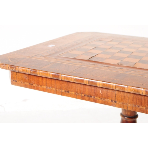 859 - Late 19th century walnut and satinwood Tunbridge tripod games table, square chessboard top with cant... 