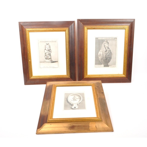 889 - A collection of three framed and glazed etching print pictures. Each etching in a wooden frame, with... 