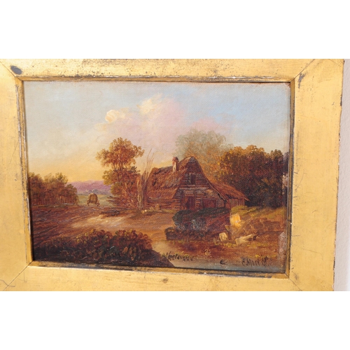 894 - A Victorian 19th century oil on canvas painting. Small proportion of country farm scene. Signature E... 