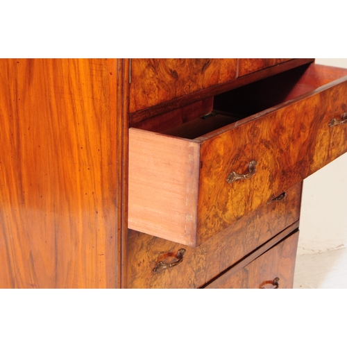 925 - An Art Deco circa 1930s figured burr walnut tallboy chest of drawers. Rectangular form with twin cab... 