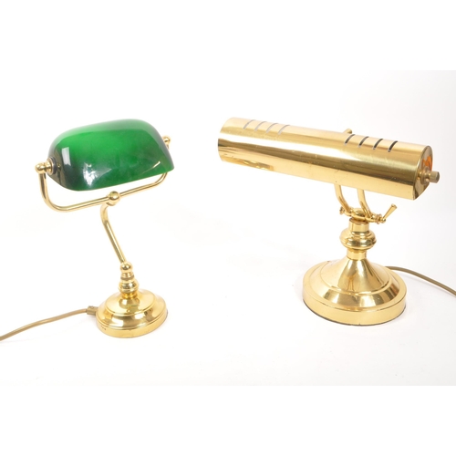 938 - Two contemporary bankers lamps. One with green glass shade on  brass style arm and circular stepped ... 