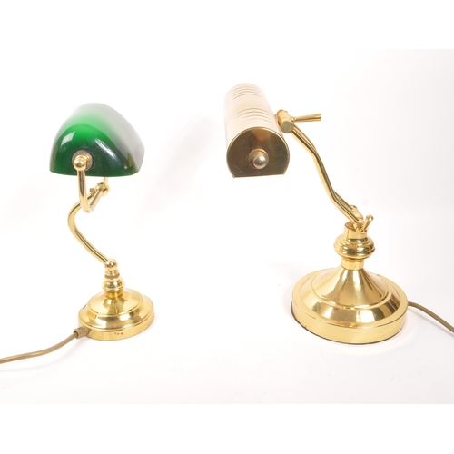 938 - Two contemporary bankers lamps. One with green glass shade on  brass style arm and circular stepped ... 