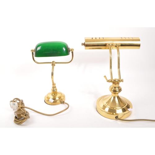 938 - Two contemporary bankers lamps. One with green glass shade on  brass style arm and circular stepped ... 