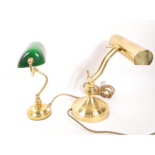 938 - Two contemporary bankers lamps. One with green glass shade on  brass style arm and circular stepped ... 