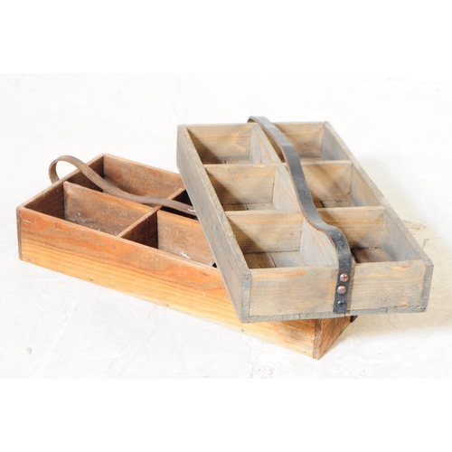 981 - A collection of three vintage wooden trugs, with leather handles, rectangular form with one stamped ... 