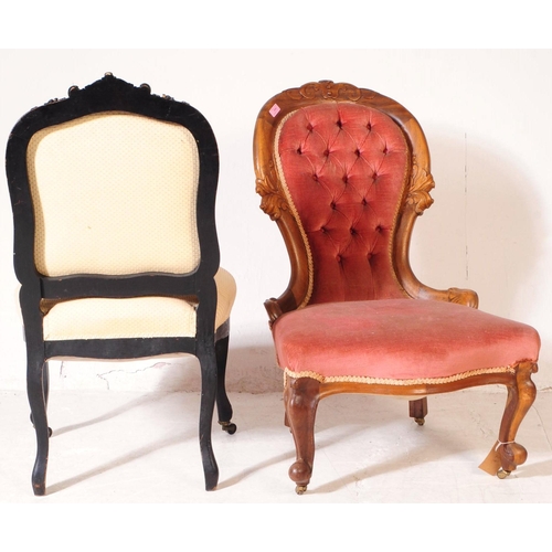 996 - A 19th century Victorian walnut ladies spoon back nursing chair, alongside another. The chair having... 